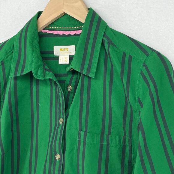 MAEVE ANTHROPOLOGIE Shirt 6 Striped Button Up Roll Tab Cottagecore Cotton Green - Picture 3 of 16